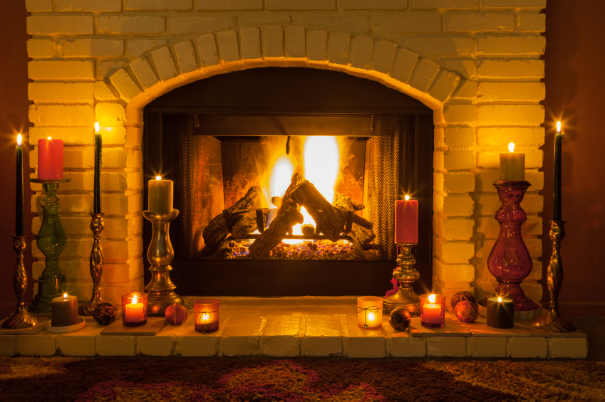 Cozy fireplace setting with candles (P)